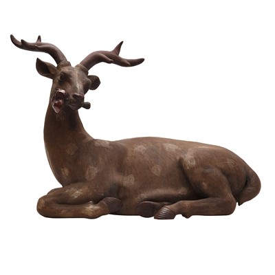Lot 847 - A Japanese Bizen 'recumbent deer' figure, Meiji period