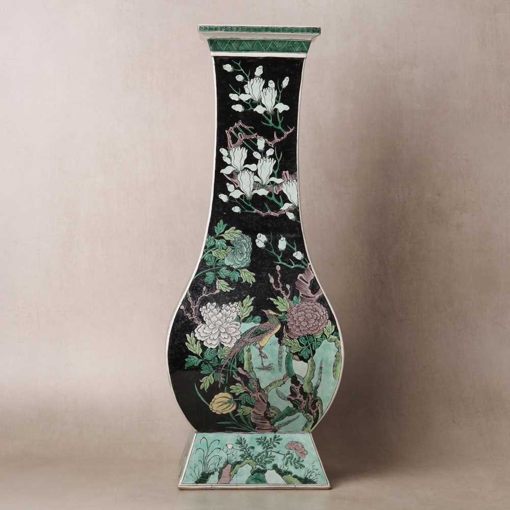 Lot 10 - A Chinese famille-noire 'birds and flowers' vase, Qing dynasty, Kangxi period