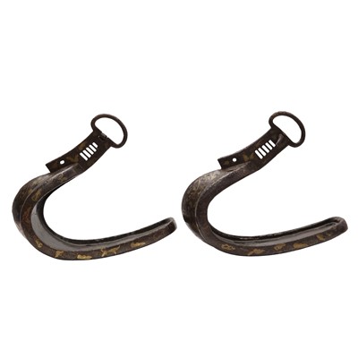 Lot 79 - A pair of Japanese inlaid iron stirrups (abumi), Edo period