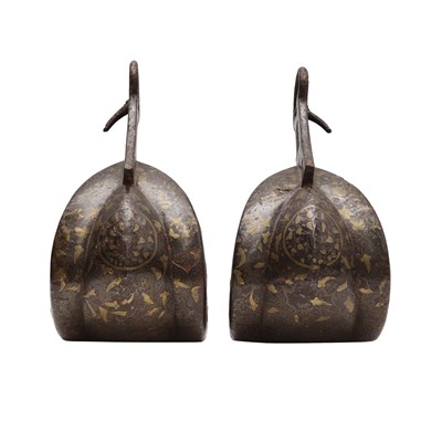 Lot 846 - A pair of Japanese inlaid iron stirrups, abumi, Edo period