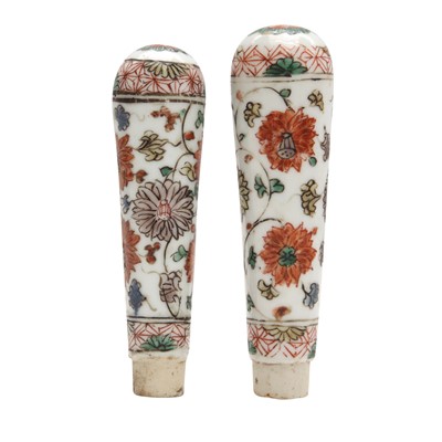 Lot 203 - Two Chinese famille-verte 'lotus' handles, Qing dynasty, Kangxi period