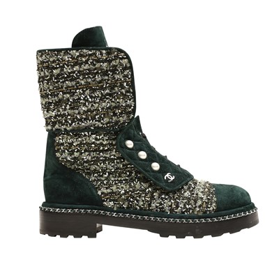 Lot 80 - Chanel Green Embellished CC Combat Boot - Size 40.5