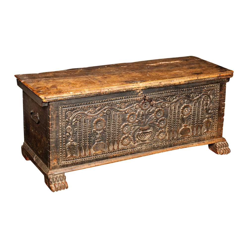Lot 28 - A carved oak coffer, 17th / 18th century