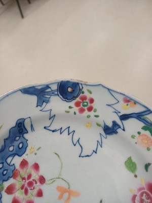 Lot 75 - A pair of Chinese famille-rose 'tobacco leaf' dishes, Qing dynasty, 18th century