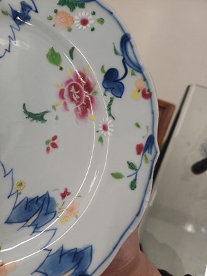 Lot 75 - A pair of Chinese famille-rose 'tobacco leaf' dishes, Qing dynasty, 18th century
