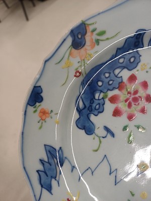 Lot 75 - A pair of Chinese famille-rose 'tobacco leaf' dishes, Qing dynasty, 18th century