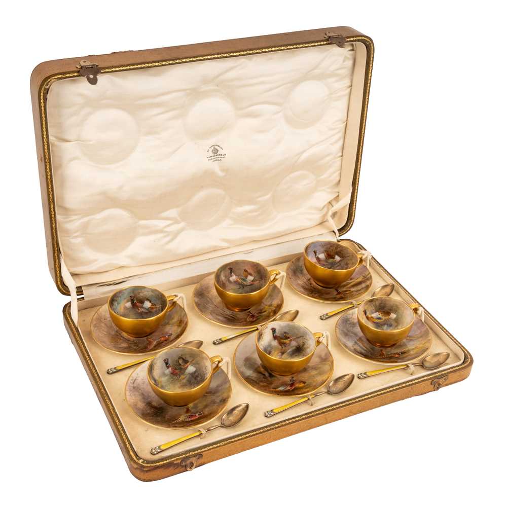 174 - James Stinton (1870-1961) for Royal Worcester, set of six hand-painted cabinet cups and saucers,