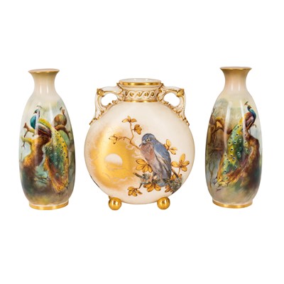 Lot 380 - A pair of Royal Worcester hand painted vases