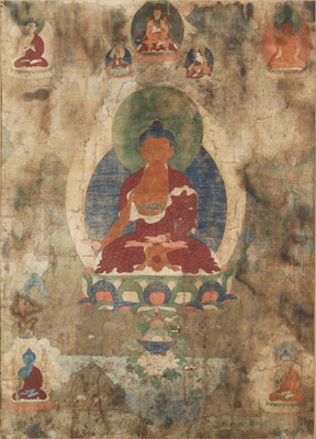 Lot 746 - A Tibetan thangka depicting Shakyamuni Buddha, 18th/19th century