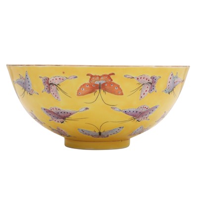 Lot 265 - A Chinese famille-rose yellow-ground 'butterfly' bowl, Qing dynasty, Tongzhi mark and period