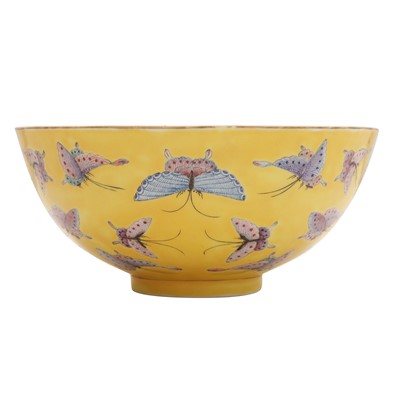 Lot 96 - A Chinese famille-rose yellow-ground 'butterfly' bowl, Qing dynasty, Tongzhi mark and period