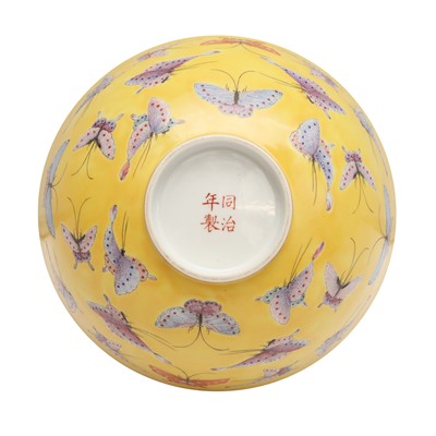 Lot 96 - A Chinese famille-rose yellow-ground 'butterfly' bowl, Qing dynasty, Tongzhi mark and period