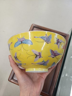 Lot 96 - A Chinese famille-rose yellow-ground 'butterfly' bowl, Qing dynasty, Tongzhi mark and period