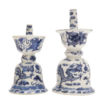 Lot 319 - Two Chinese blue and white candlesticks, Qing dynasty, 19th century