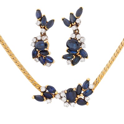 Lot 74 - A sapphire and diamond necklace and earrings suite