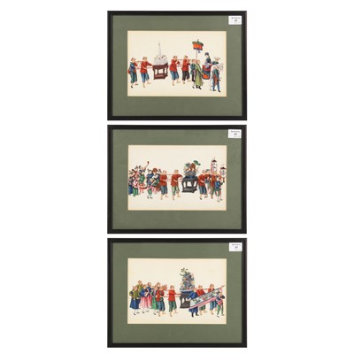 Lot 369 - Three Chinese pith 'wedding procession' paintings, circle of Tingqua (Chines, c. 1809-1870)