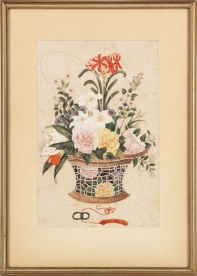 Lot 374 - A Chinese pith 'flower basket' painting, circle of Youqua (Chinese, active c. 1840-1870)