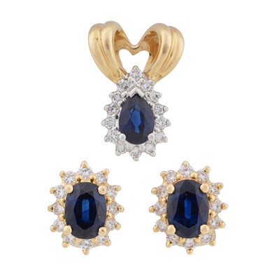 Lot 53 - A sapphire and diamond cluster earring and pendant suite
