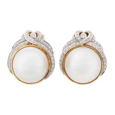 Lot 233 - A pair of mabe pearl and diamond earrings