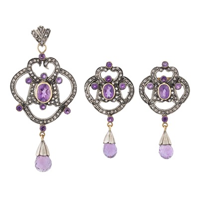 Lot 9 - An amethyst and diamond earring and pendant suite