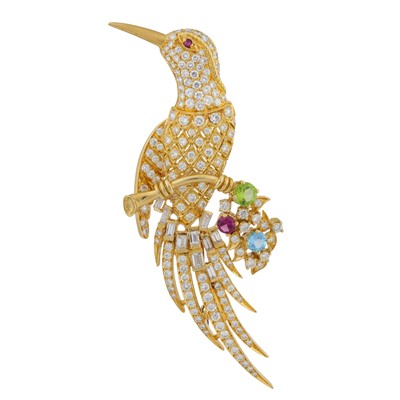 Lot 405 - A gem set and diamond bird brooch