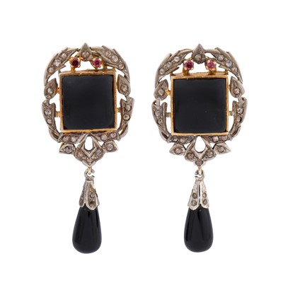 Lot 177 - A pair of onyx and diamond pendent earrings