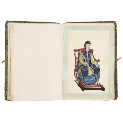 Lot 368 - A Chinese pith 'courtier costume studies' album, circle of Youqua (Chinese, active c. 1840-1870)