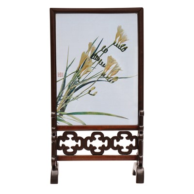Lot 207 - A Chinese Suzhou silk embroidery 'freesias' double-sided panel, 20th century or later