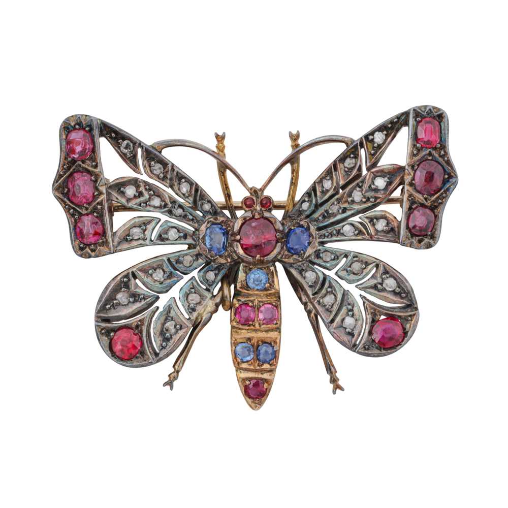 Lot 149 - A sapphire, ruby, and diamond butterfly brooch