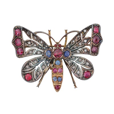 Lot 149 - A sapphire, ruby, and diamond butterfly brooch