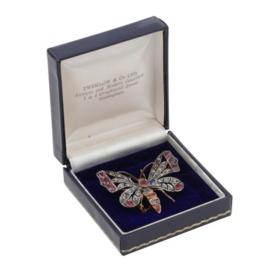 Lot 149 - A sapphire, ruby, and diamond butterfly brooch