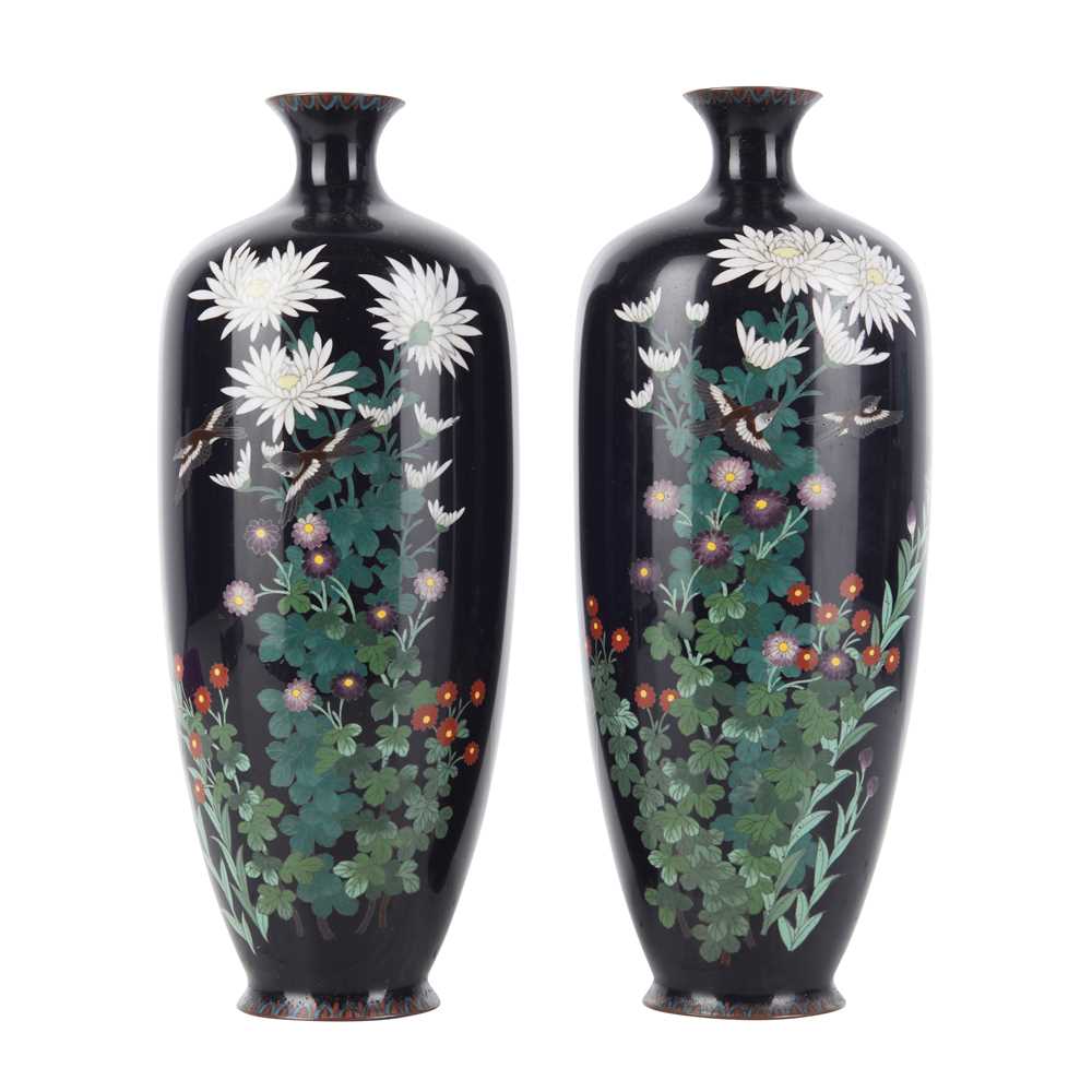 Lot 87 - A pair of Japanese cloisonné enamel 'chrysanthemum' vases, Meiji period