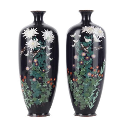 Lot 843 - A pair of Japanese cloisonné enamel 'chrysanthemum' vases, Meiji period