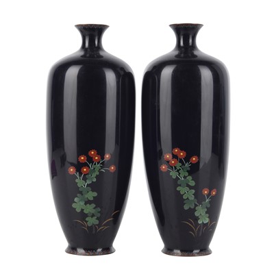 Lot 87 - A pair of Japanese cloisonné enamel 'chrysanthemum' vases, Meiji period