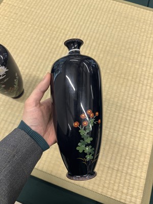 Lot 87 - A pair of Japanese cloisonné enamel 'chrysanthemum' vases, Meiji period