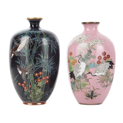 Lot 840 - Two Japanese cloisonné enamel 'bird' vases, Meiji period