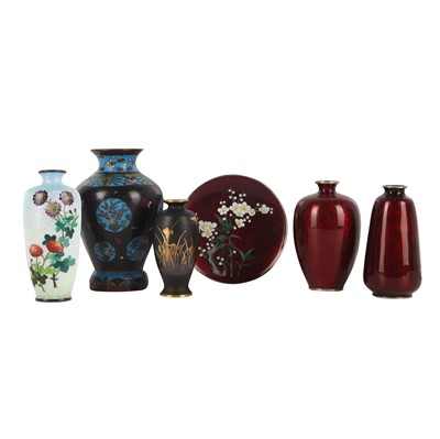 Lot 96 - A group of six Japanese cloisonné vases, Meiji or later