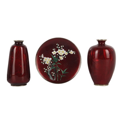 Lot 96 - A group of six Japanese cloisonné vases, Meiji or later