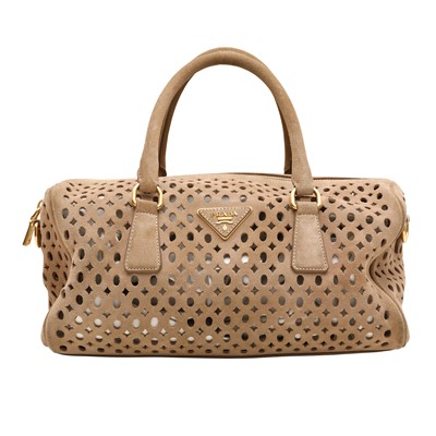 Lot 124 - Prada Beige Laser Cut Bowler Bag and Pouchette