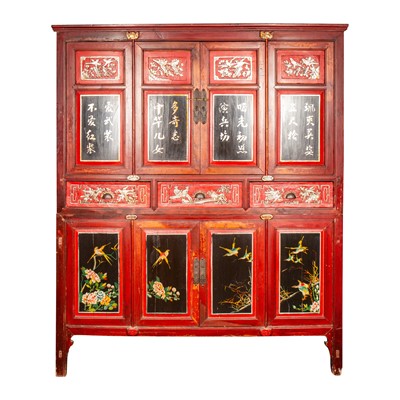 Lot 278 - A late 19th Century Chinese red lacquered 'wedding' cabinet