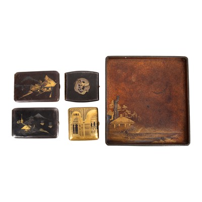 Lot 291 - A Japanese lacquer tray and four cigarette cases, 19th -20th century
