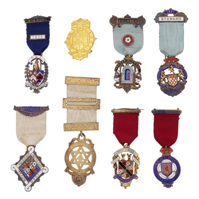 Lot 720 - A group of seven George V sterling silver and enamel masonic medals