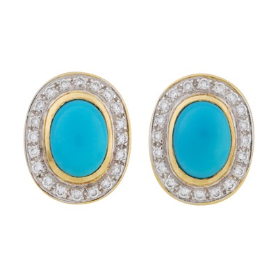 Lot 42 - A pair of turquoise and diamond cluster earrings