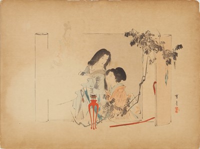 Lot 42 - Toyohara Chikanobu 豊原周延 (1838–1912); Mizuno Toshikata 水野年方 (1866–1908); Watanabe Seitei 渡辺 省亭 (1851–1918)