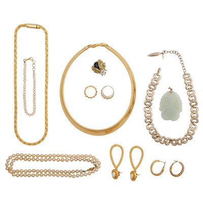 Lot 108 - A collection of silver and costume jewellery with a jadeite pendant