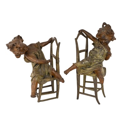 Lot 139 - After Juan Clara (Spanish, 1878-1958), pair of Art Nouveau patinated figures