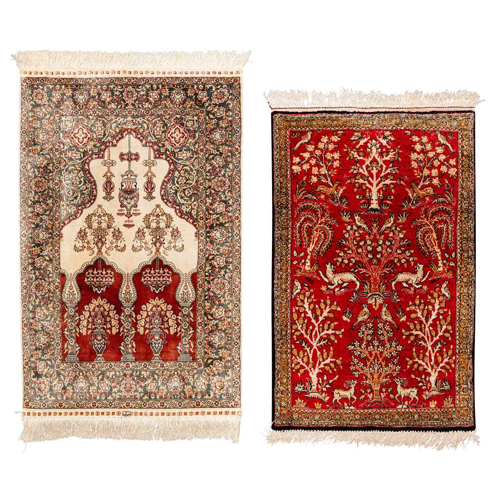 Lot 35 - A very fine silk Qum rug & extremely fine silk Chinese prayer rug