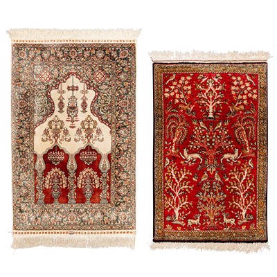 Lot 35 - A very fine silk Qum rug & extremely fine silk Chinese prayer rug