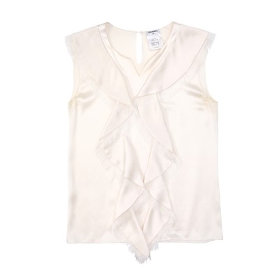 Lot 130 - Chanel Ivory Silk Frill Front Blouse - Size 38