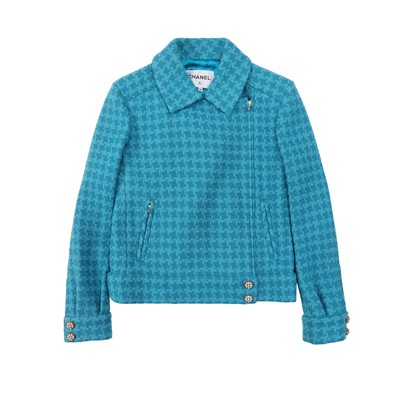 Lot 59 - Chanel Turquoise Wool Tweed Asymmetric Jacket - Size 38